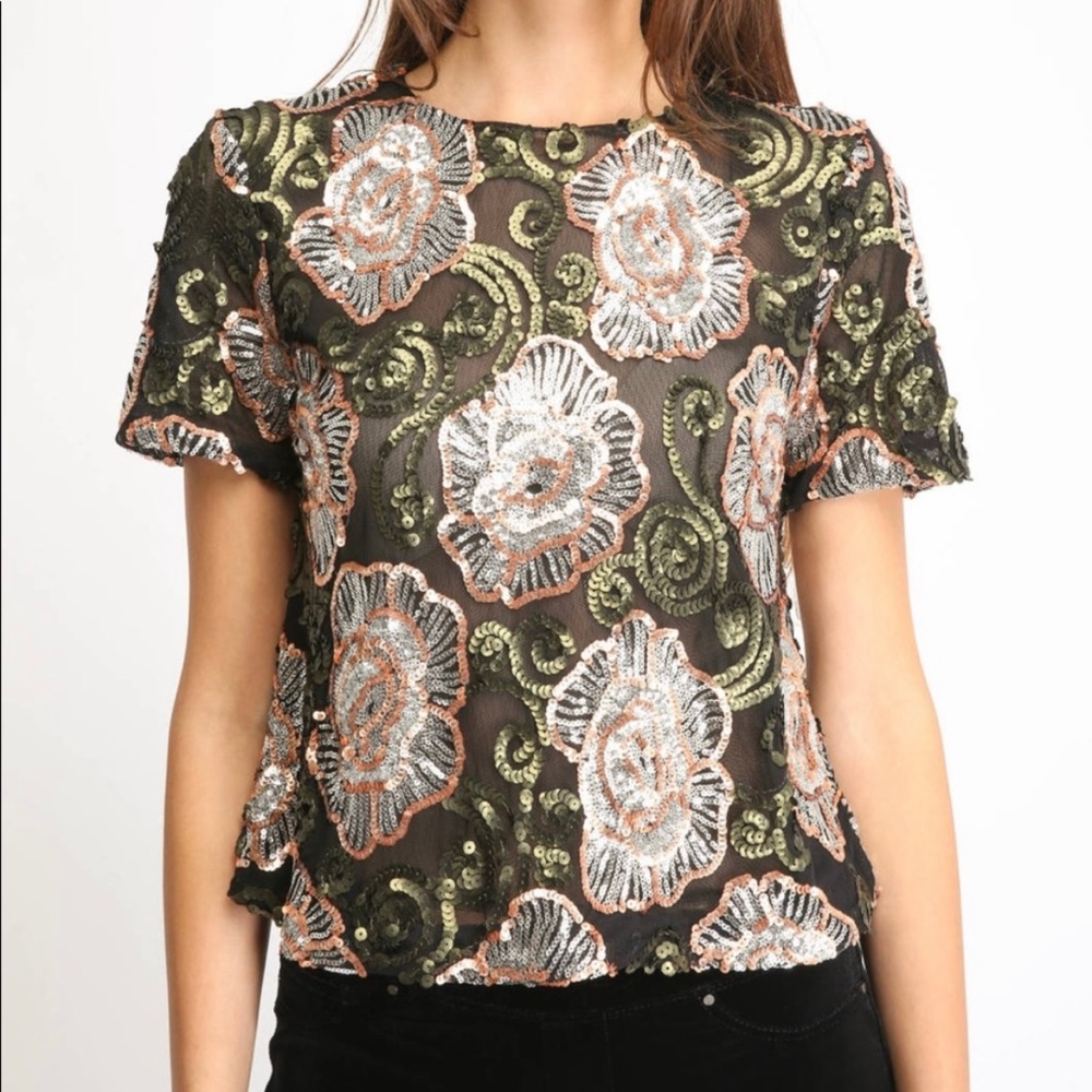 ENDLESS ROSE Mesh And Sequin Floral Cropped Blouse—SZ. Small